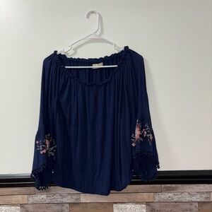 Altar'd State Navy Blouse with Pink Floral Details Size Small